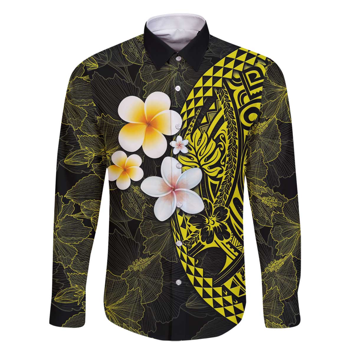 Hawaiian Hibiscus and Plumeria Polynesian Tribal Tattoo Family Matching Off The Shoulder Long Sleeve Dress and Hawaiian Shirt Yellow Color LT03 Dad's Shirt - Long Sleeve Yellow - Polynesian Pride