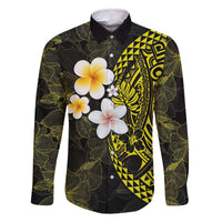 Hawaiian Hibiscus and Plumeria Polynesian Tribal Tattoo Family Matching Off The Shoulder Long Sleeve Dress and Hawaiian Shirt Yellow Color LT03 Dad's Shirt - Long Sleeve Yellow - Polynesian Pride