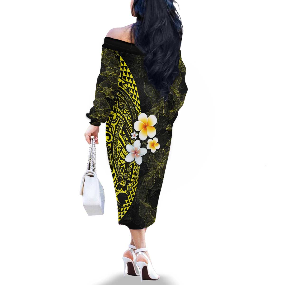 Hawaiian Hibiscus and Plumeria Polynesian Tribal Tattoo Family Matching Off The Shoulder Long Sleeve Dress and Hawaiian Shirt Yellow Color LT03 - Polynesian Pride