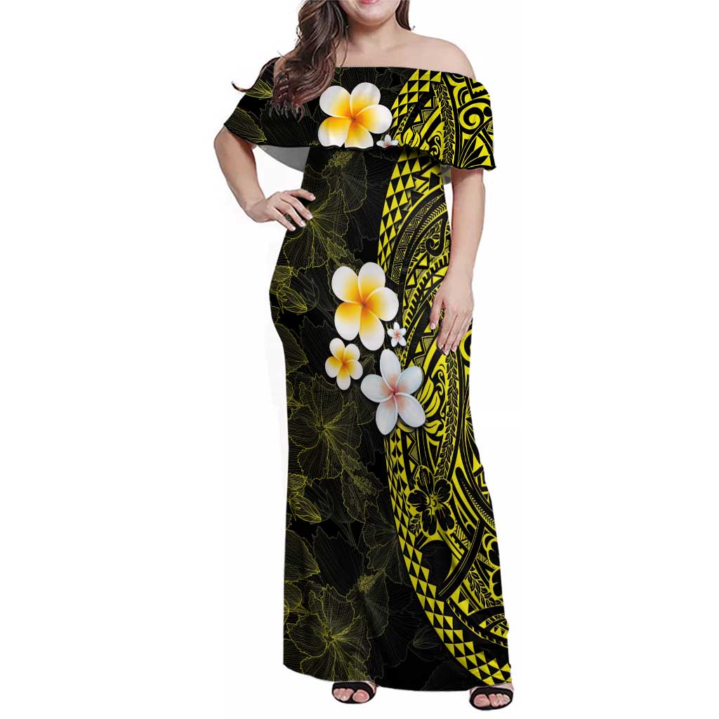Hawaiian Hibiscus and Plumeria Polynesian Tribal Tattoo Family Matching Off Shoulder Maxi Dress and Hawaiian Shirt Yellow Color LT03 Mom's Dress Yellow - Polynesian Pride