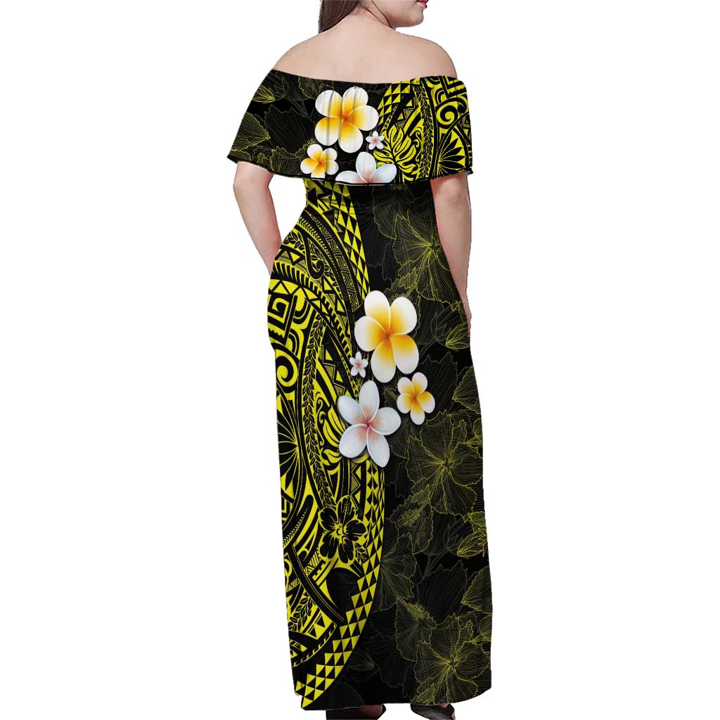 Hawaiian Hibiscus and Plumeria Polynesian Tribal Tattoo Family Matching Off Shoulder Maxi Dress and Hawaiian Shirt Yellow Color LT03 - Polynesian Pride