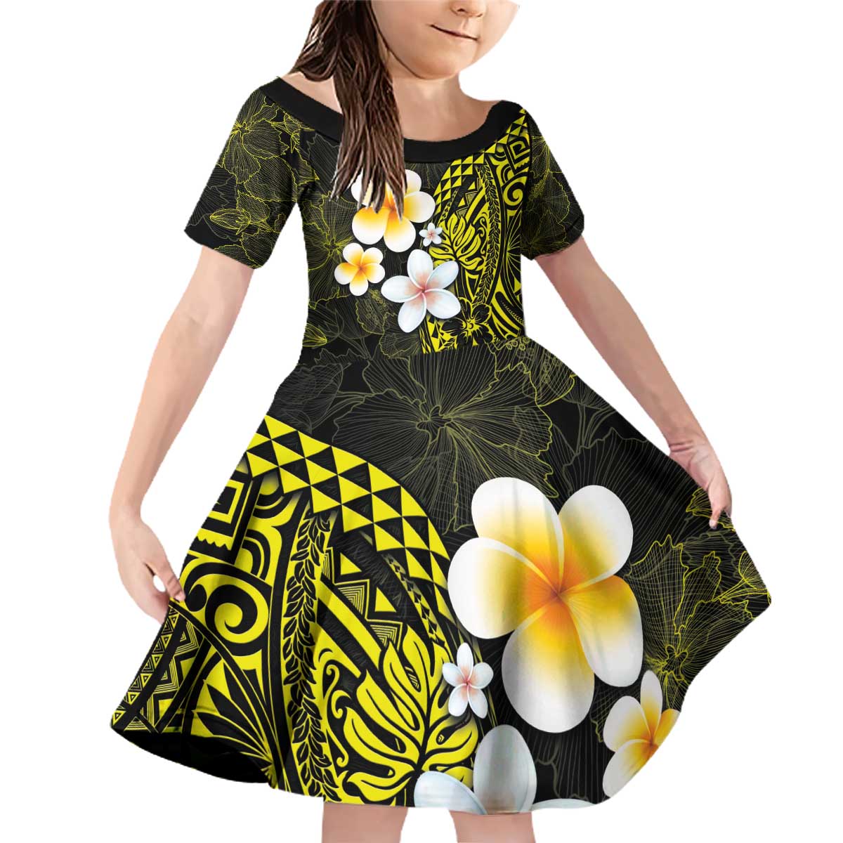 Hawaiian Hibiscus and Plumeria Polynesian Tribal Tattoo Family Matching Off Shoulder Short Dress and Hawaiian Shirt Yellow Color LT03 Daughter's Dress Yellow - Polynesian Pride