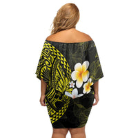 Hawaiian Hibiscus and Plumeria Polynesian Tribal Tattoo Family Matching Off Shoulder Short Dress and Hawaiian Shirt Yellow Color LT03 - Polynesian Pride