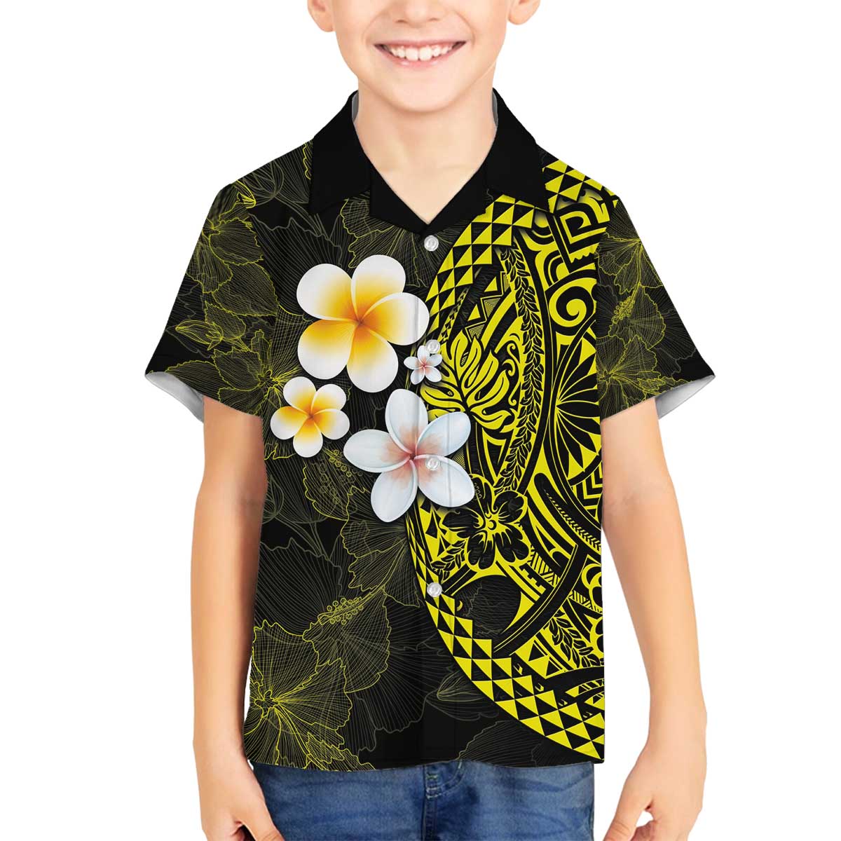 Hawaiian Hibiscus and Plumeria Polynesian Tribal Tattoo Family Matching Puletasi and Hawaiian Shirt Yellow Color LT03 Son's Shirt Yellow - Polynesian Pride