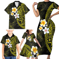 Hawaiian Hibiscus and Plumeria Polynesian Tribal Tattoo Family Matching Short Sleeve Bodycon Dress and Hawaiian Shirt Yellow Color LT03 - Polynesian Pride