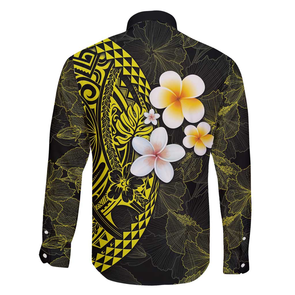 Hawaiian Hibiscus and Plumeria Polynesian Tribal Tattoo Family Matching Short Sleeve Bodycon Dress and Hawaiian Shirt Yellow Color LT03 - Polynesian Pride