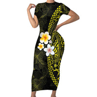 Hawaiian Hibiscus and Plumeria Polynesian Tribal Tattoo Family Matching Short Sleeve Bodycon Dress and Hawaiian Shirt Yellow Color LT03 Mom's Dress Yellow - Polynesian Pride