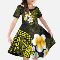 Hawaiian Hibiscus and Plumeria Polynesian Tribal Tattoo Family Matching Summer Maxi Dress and Hawaiian Shirt Yellow Color LT03 Daughter's Dress Yellow - Polynesian Pride