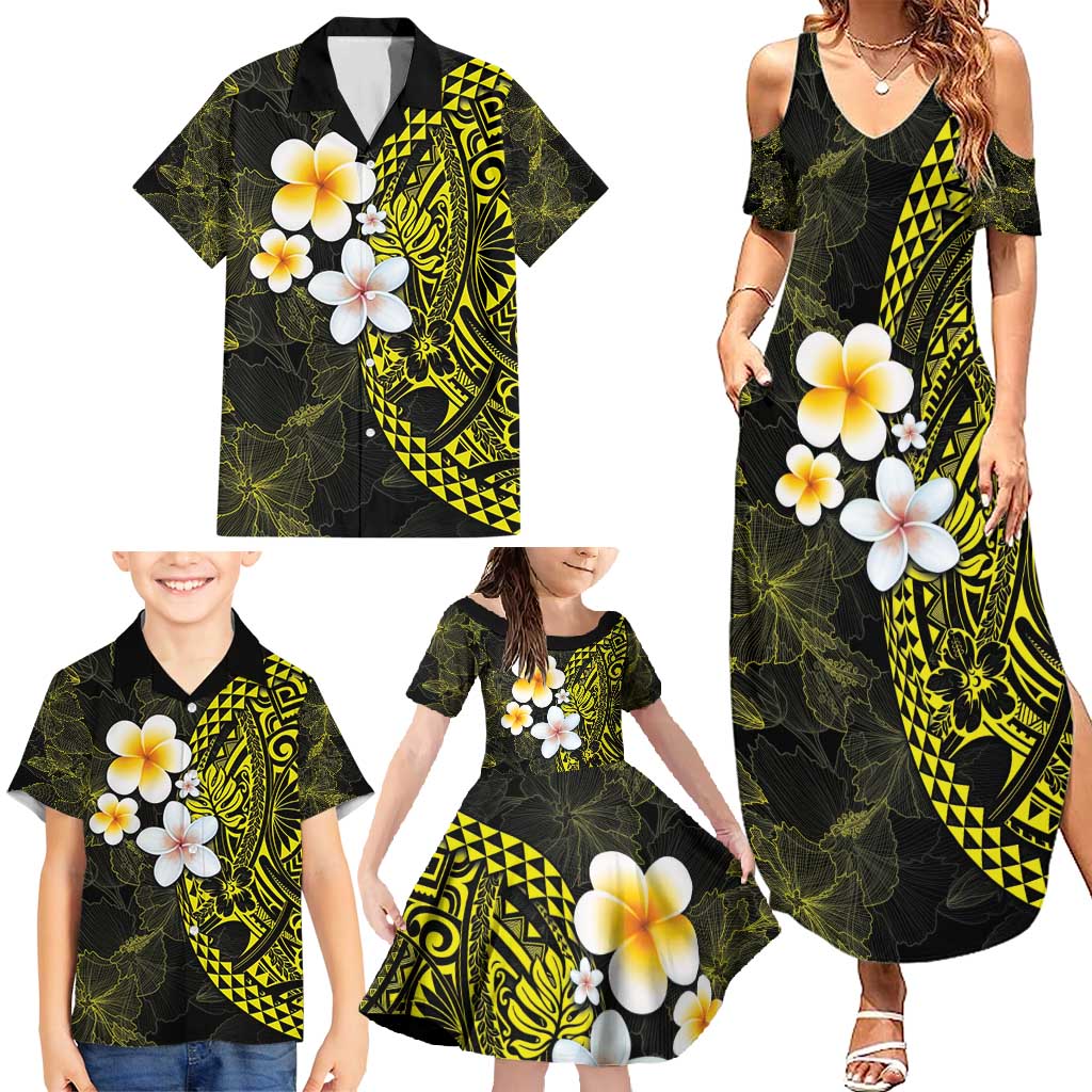 Hawaiian Hibiscus and Plumeria Polynesian Tribal Tattoo Family Matching Summer Maxi Dress and Hawaiian Shirt Yellow Color LT03 - Polynesian Pride
