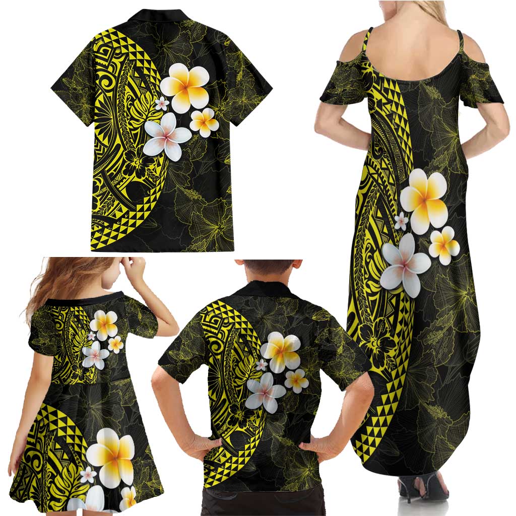 Hawaiian Hibiscus and Plumeria Polynesian Tribal Tattoo Family Matching Summer Maxi Dress and Hawaiian Shirt Yellow Color LT03 - Polynesian Pride
