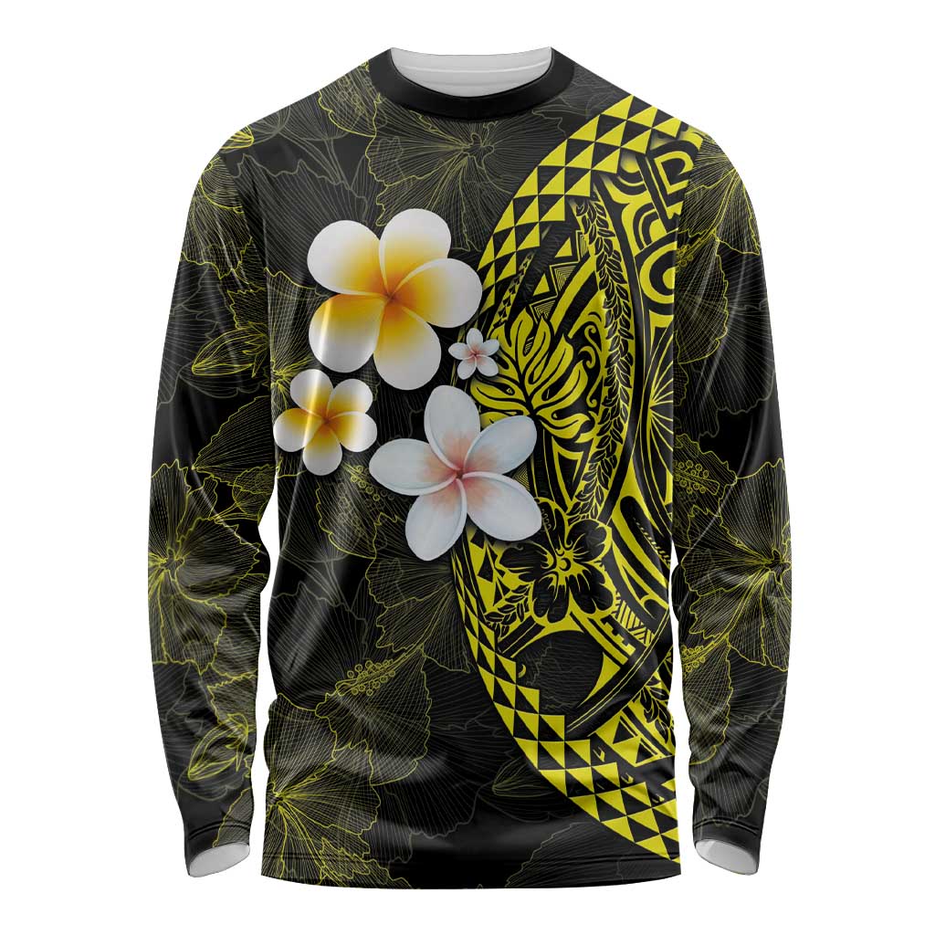 Hawaiian Hibiscus and Plumeria Polynesian Tribal Tattoo Long Sleeve Shirt Yellow Color