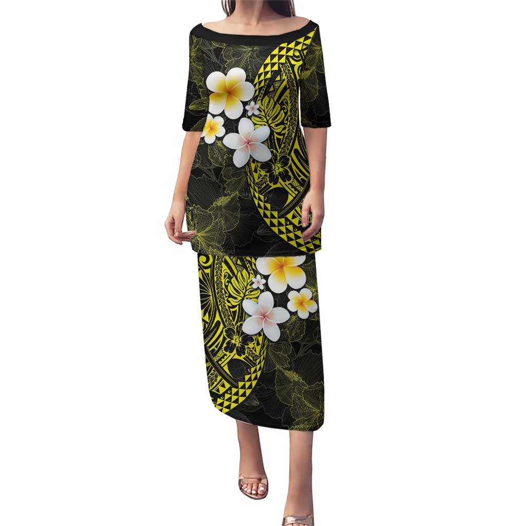 Hawaiian Hibiscus and Plumeria Polynesian Tribal Tattoo Puletasi Yellow Color