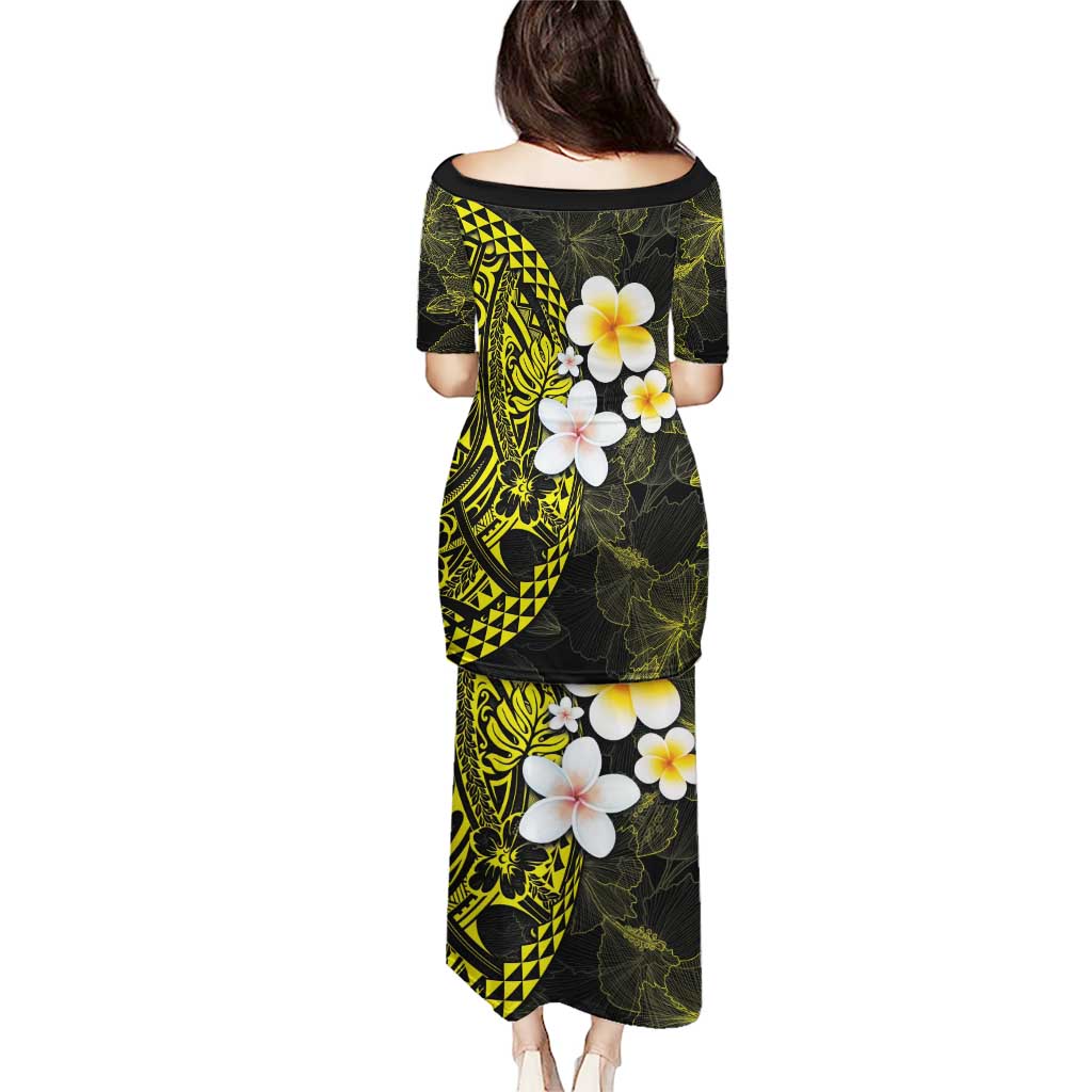 Hawaiian Hibiscus and Plumeria Polynesian Tribal Tattoo Puletasi Yellow Color