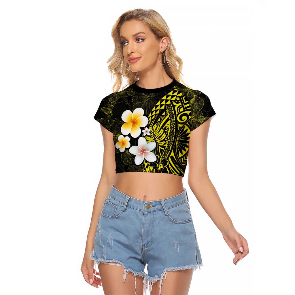 Hawaiian Hibiscus and Plumeria Polynesian Tribal Tattoo Raglan Cropped T Shirt Yellow Color