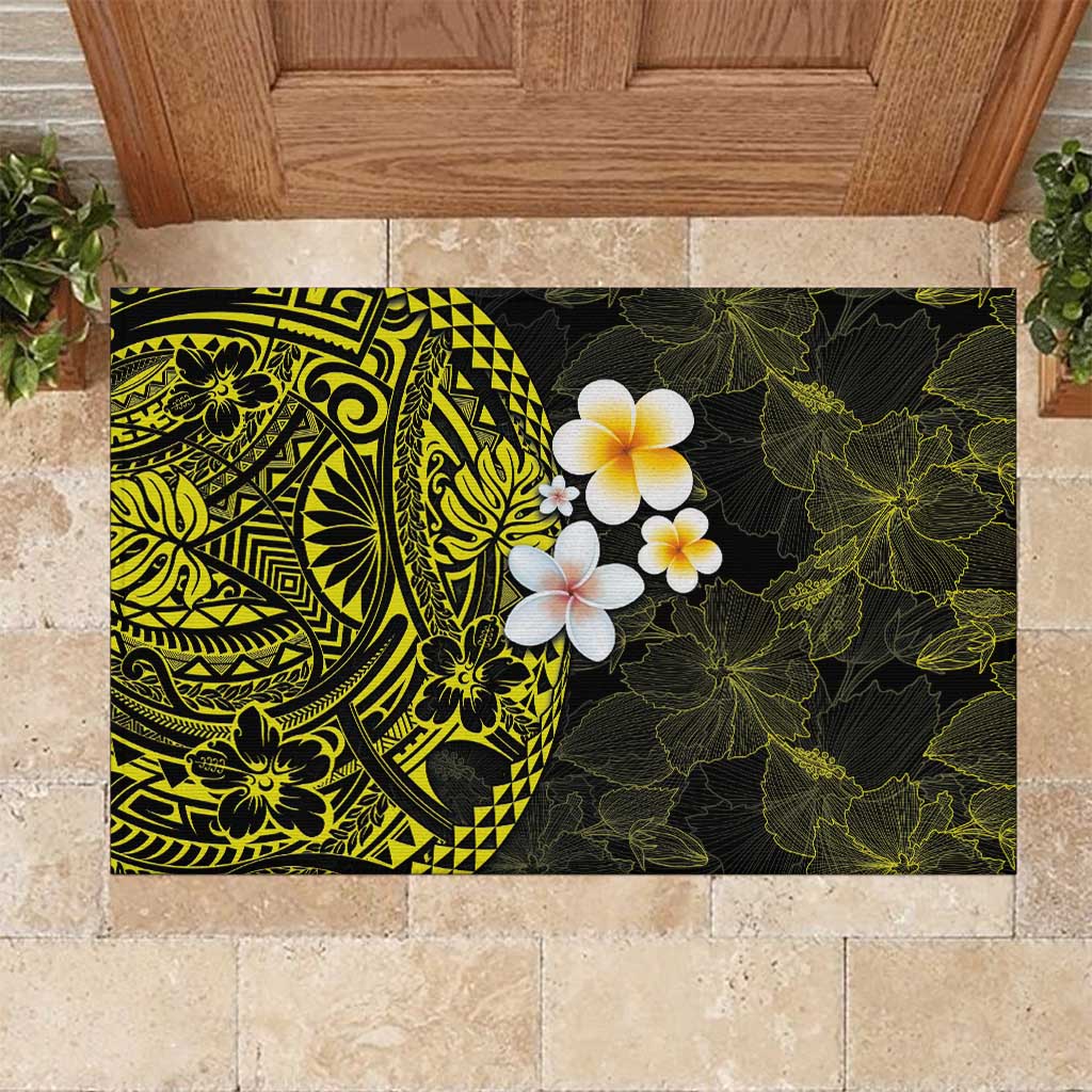 Hawaiian Hibiscus and Plumeria Polynesian Tribal Tattoo Rubber Doormat Yellow Color