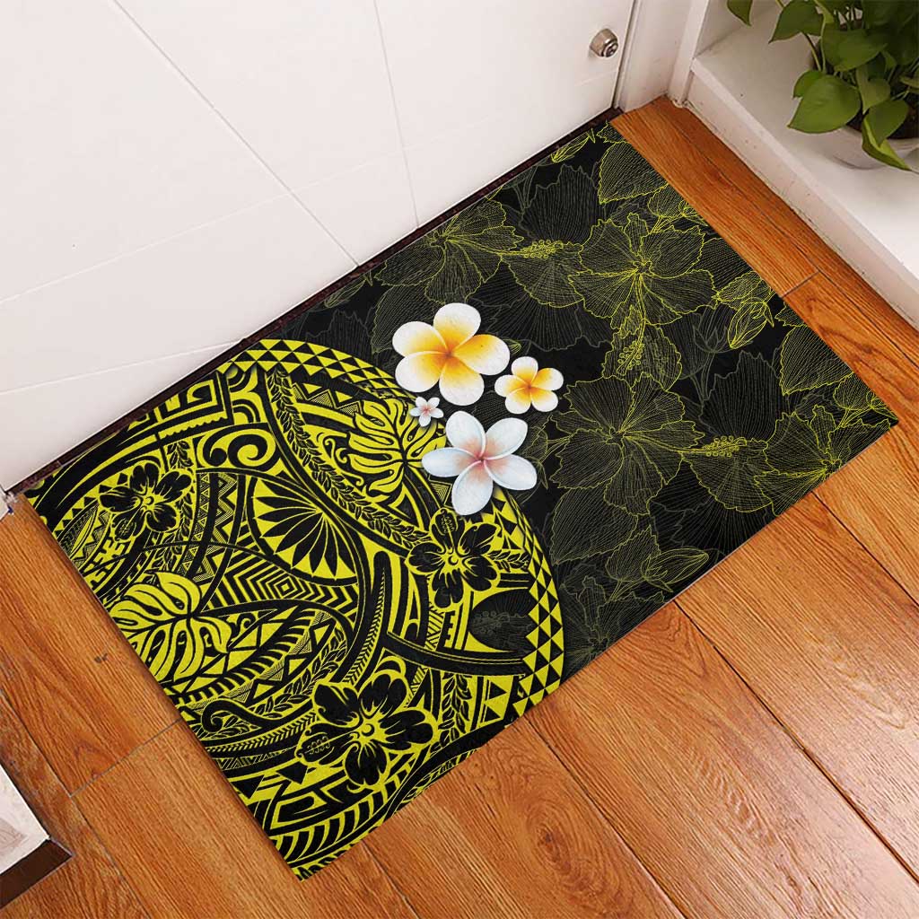 Hawaiian Hibiscus and Plumeria Polynesian Tribal Tattoo Rubber Doormat Yellow Color