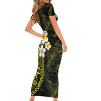 Hawaiian Hibiscus and Plumeria Polynesian Tribal Tattoo Short Sleeve Bodycon Dress Yellow Color LT03 - Polynesian Pride