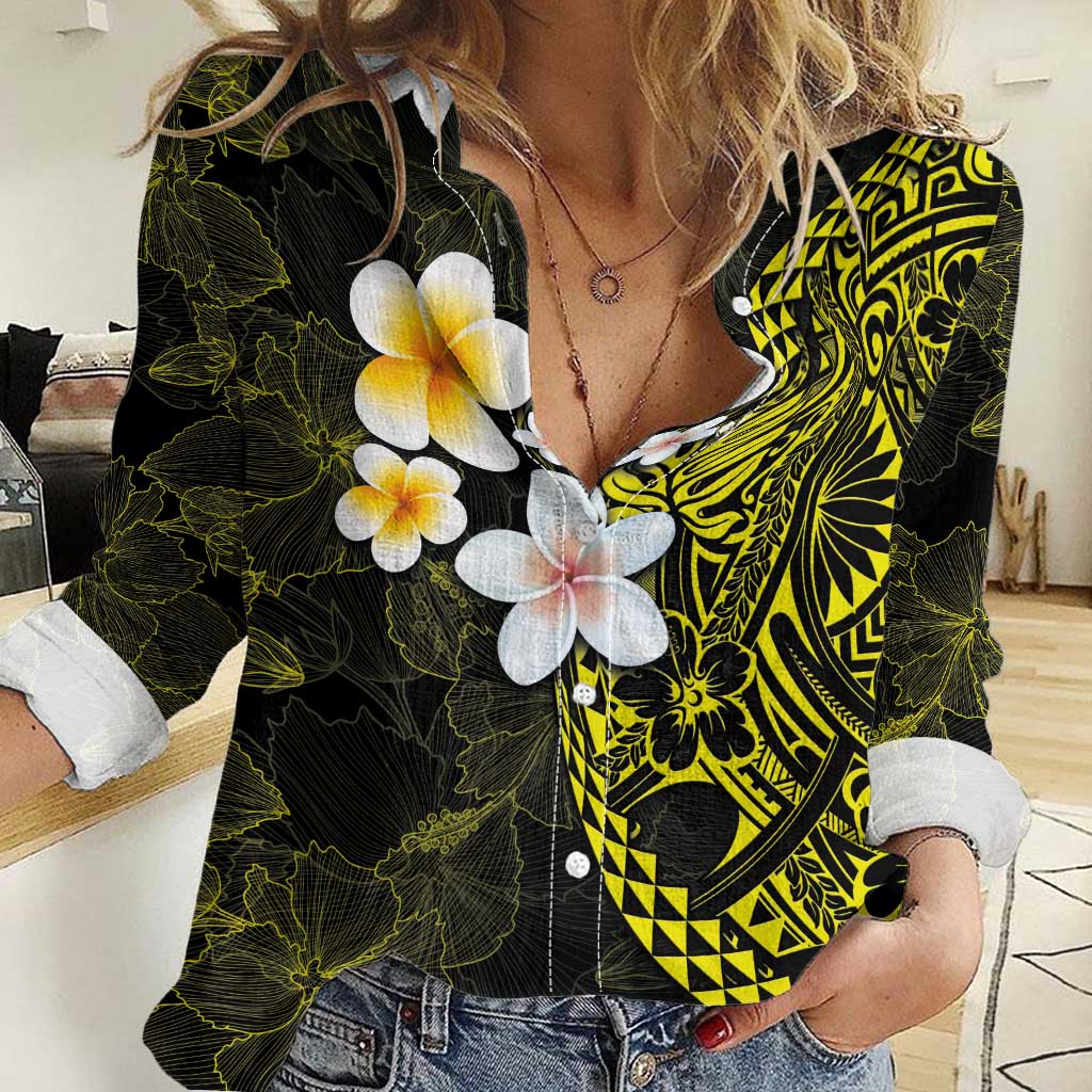 Hawaiian Hibiscus and Plumeria Polynesian Tribal Tattoo Women Casual Shirt Yellow Color LT03 Female Yellow - Polynesian Pride