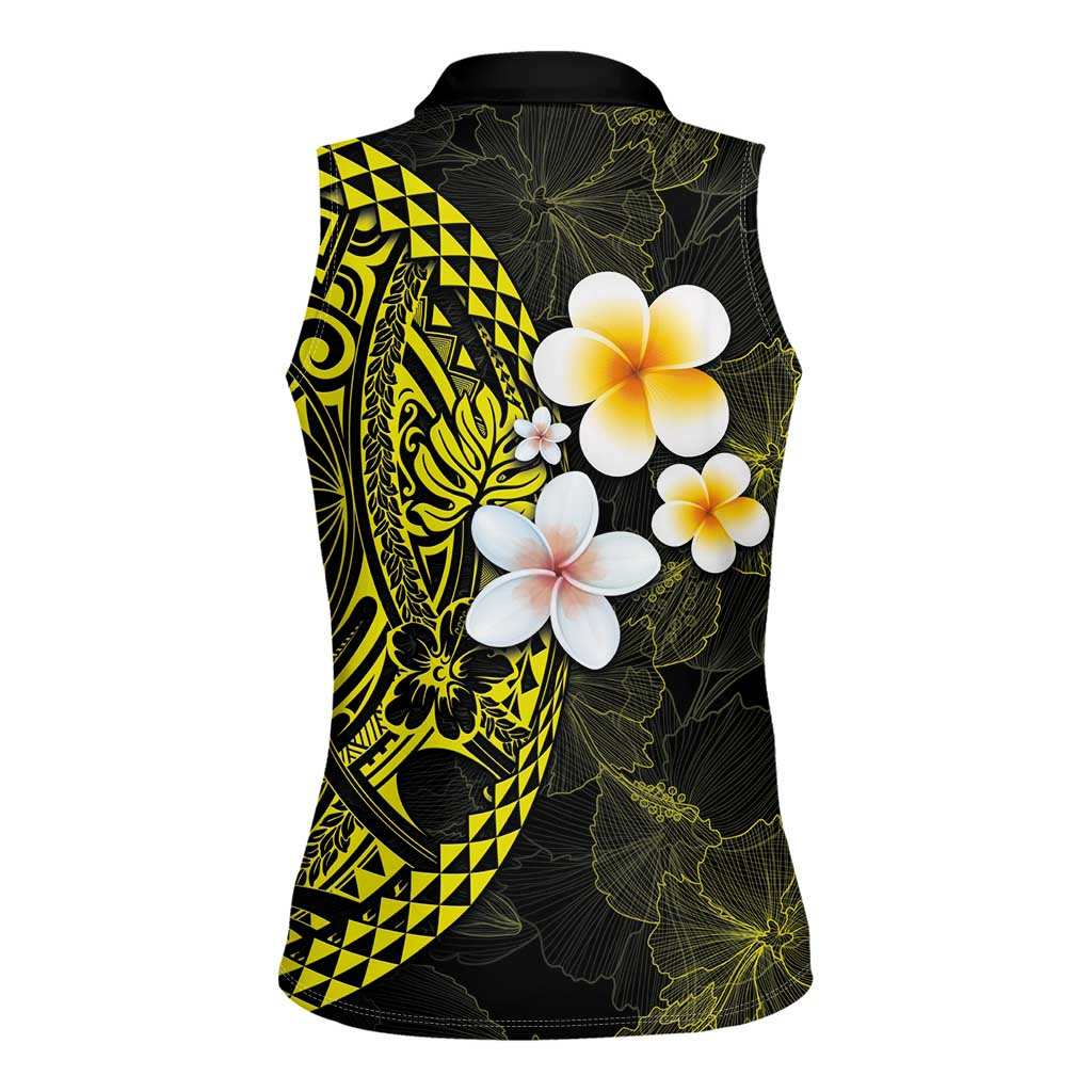 Hawaiian Hibiscus and Plumeria Polynesian Tribal Tattoo Women Sleeveless Polo Shirt Yellow Color