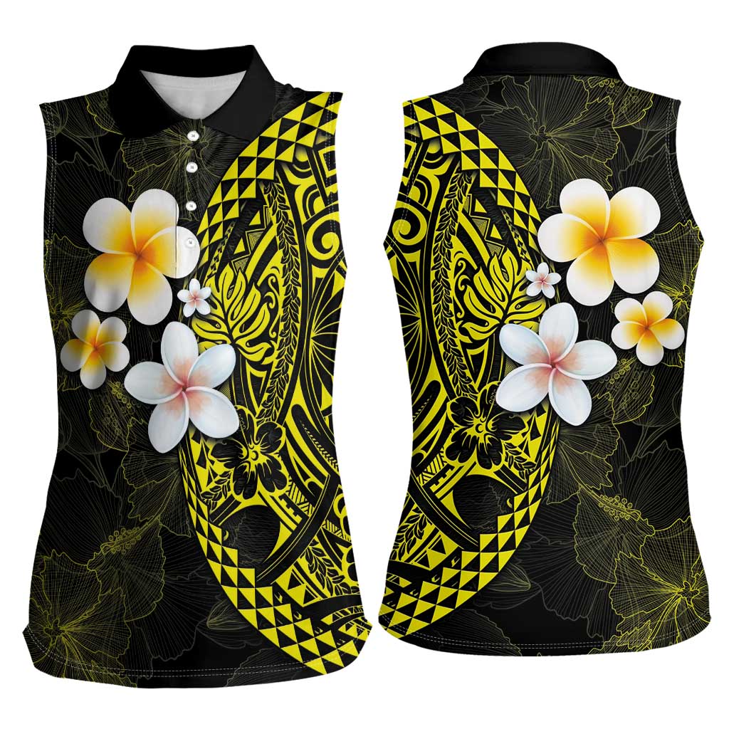 Hawaiian Hibiscus and Plumeria Polynesian Tribal Tattoo Women Sleeveless Polo Shirt Yellow Color