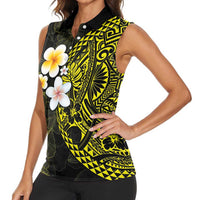 Hawaiian Hibiscus and Plumeria Polynesian Tribal Tattoo Women Sleeveless Polo Shirt Yellow Color