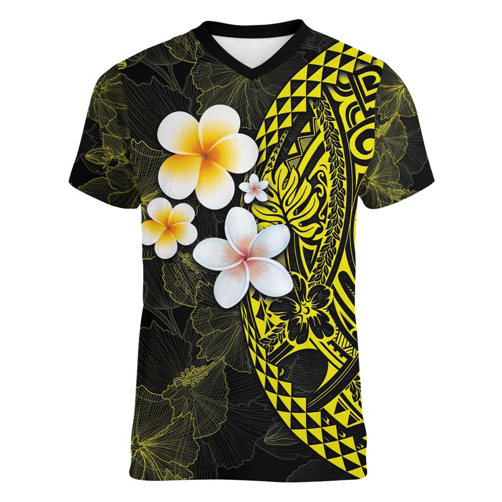 Hawaiian Hibiscus and Plumeria Polynesian Tribal Tattoo Women V-Neck T-Shirt Yellow Color