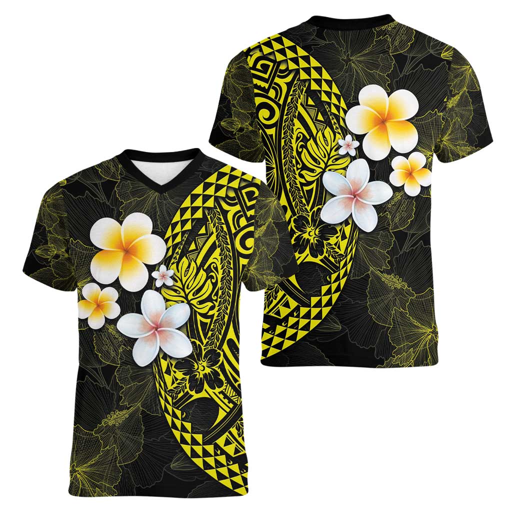 Hawaiian Hibiscus and Plumeria Polynesian Tribal Tattoo Women V-Neck T-Shirt Yellow Color