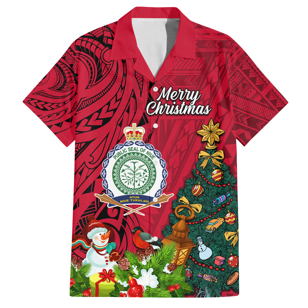 Niue Christmas Family Matching Long Sleeve Bodycon Dress and Hawaiian Shirt Coat of Arms and Polynesian Tattoo Xmas Element Christmas Red Vibe LT03 Dad's Shirt - Short Sleeve Red - Polynesian Pride