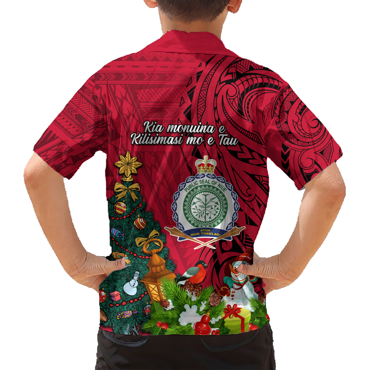 Niue Christmas Kid Hawaiian Shirt Coat of Arms and Polynesian Tattoo Xmas Element Christmas Red Vibe LT03 - Polynesian Pride
