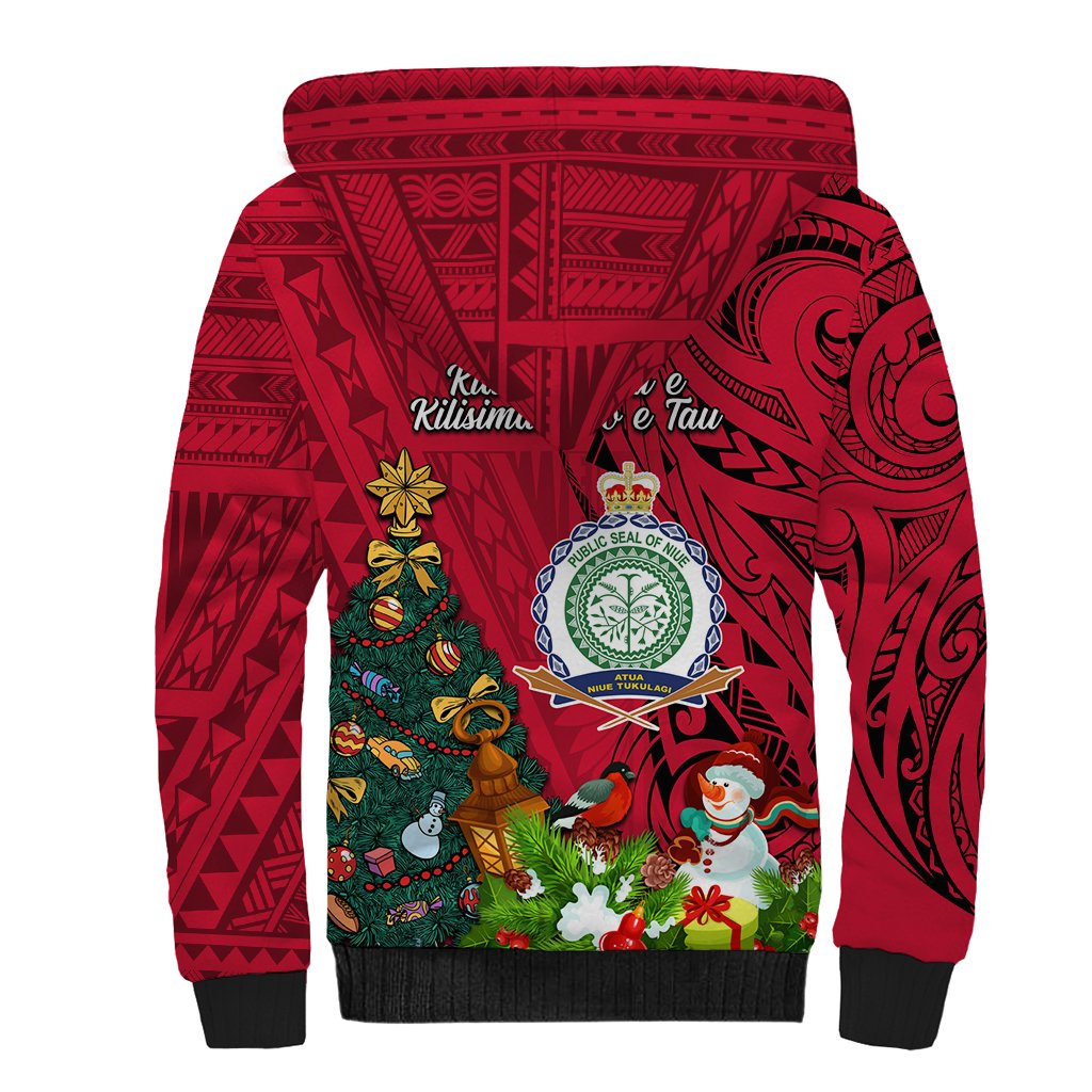 Niue Christmas Sherpa Hoodie Coat of Arms and Polynesian Tattoo Xmas Element Christmas Red Vibe LT03 - Polynesian Pride