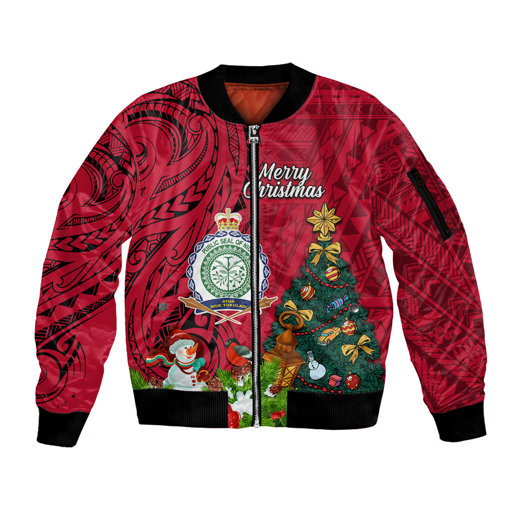 Niue Christmas Sleeve Zip Bomber Jacket Coat of Arms and Polynesian Tattoo Xmas Element Christmas Red Vibe LT03 Unisex Red - Polynesian Pride