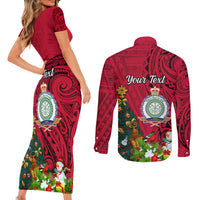 Personalised Niue Christmas Couples Matching Short Sleeve Bodycon Dress and Long Sleeve Button Shirt Coat of Arms and Polynesian Tattoo Xmas Element Christmas Red Vibe LT03 - Polynesian Pride