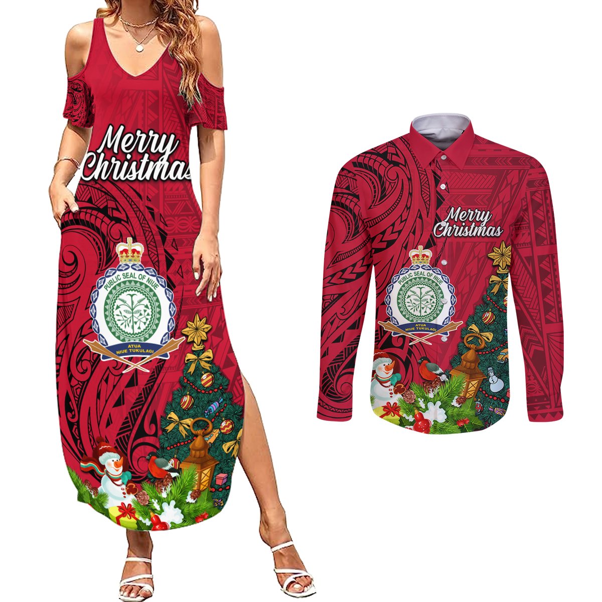 Personalised Niue Christmas Couples Matching Summer Maxi Dress and Long Sleeve Button Shirt Coat of Arms and Polynesian Tattoo Xmas Element Christmas Red Vibe LT03 Red - Polynesian Pride