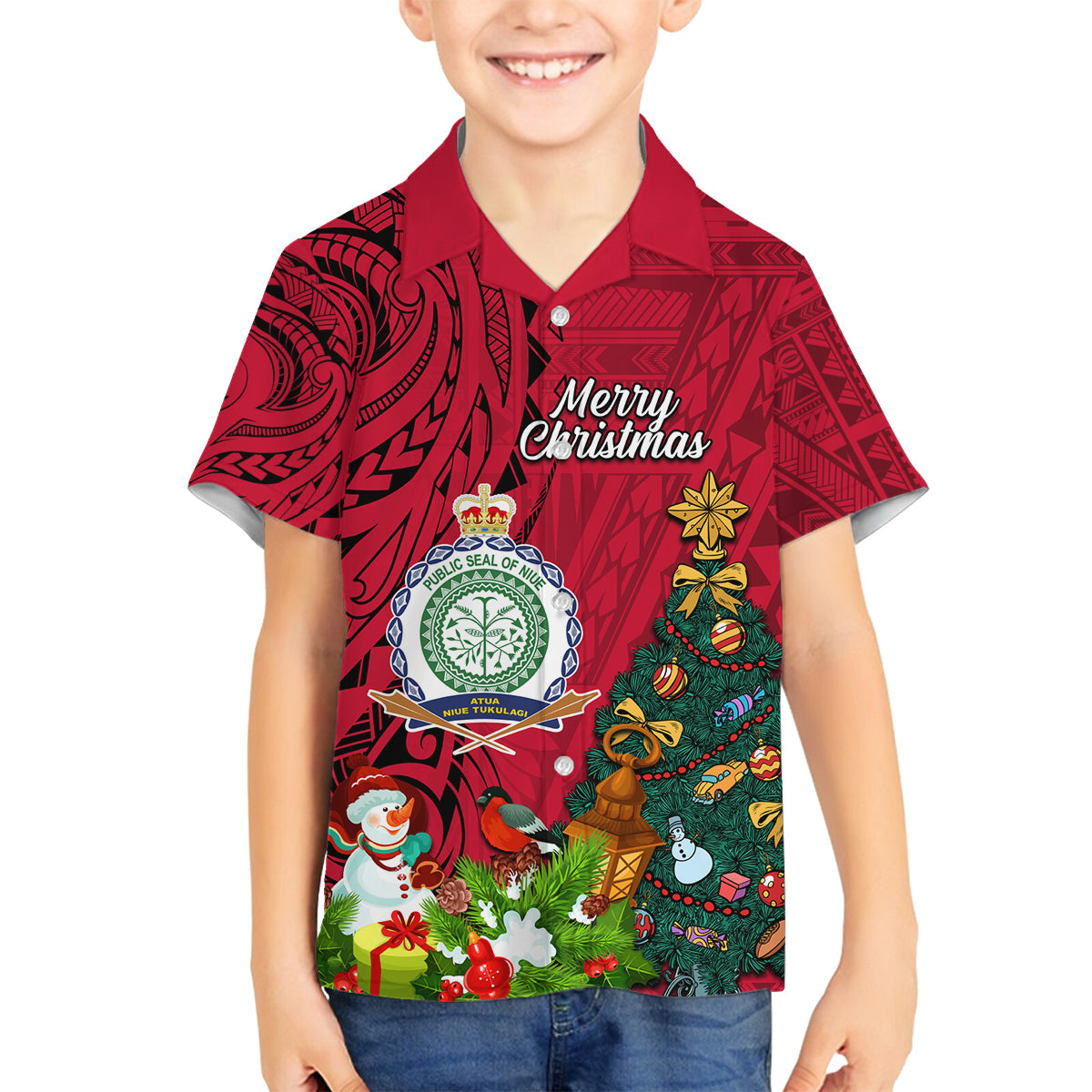 Personalised Niue Christmas Family Matching Off Shoulder Long Sleeve Dress and Hawaiian Shirt Coat of Arms and Polynesian Tattoo Xmas Element Christmas Red Vibe LT03 Son's Shirt Red - Polynesian Pride