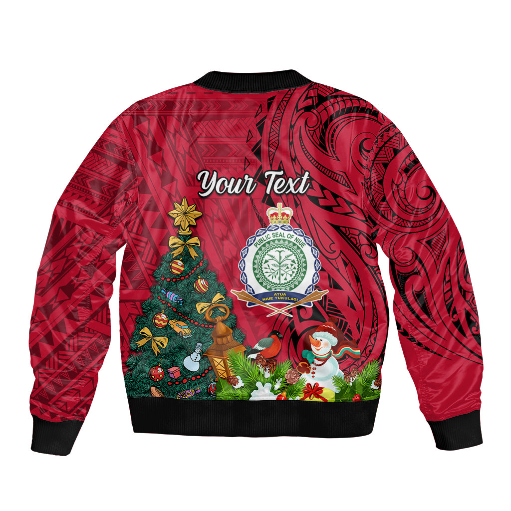 Personalised Niue Christmas Sleeve Zip Bomber Jacket Coat of Arms and Polynesian Tattoo Xmas Element Christmas Red Vibe LT03 - Polynesian Pride