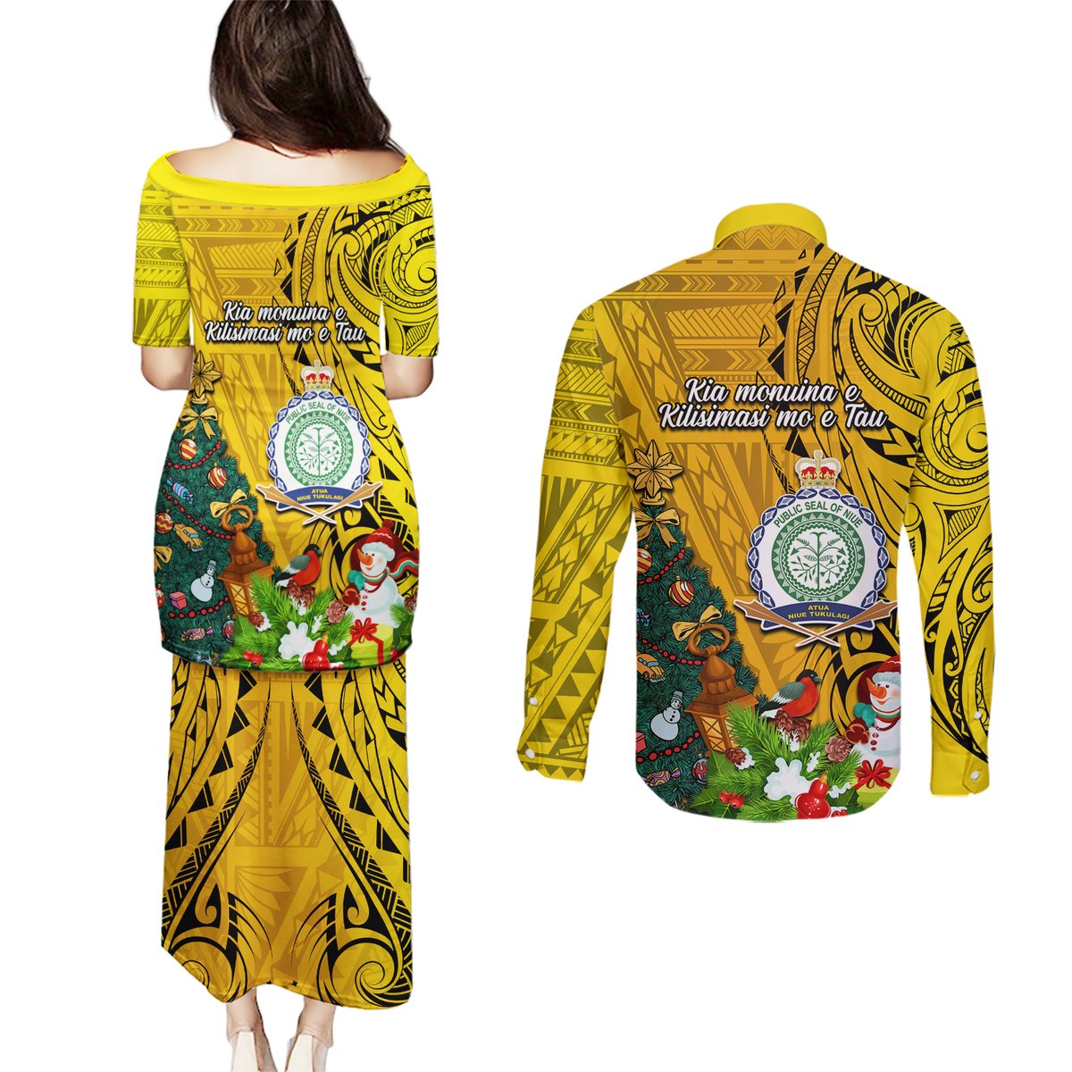 Niue Christmas Couples Matching Puletasi Dress and Long Sleeve Button Shirt Coat of Arms and Polynesian Tattoo Xmas Element Christmas Yellow Vibe LT03 - Polynesian Pride