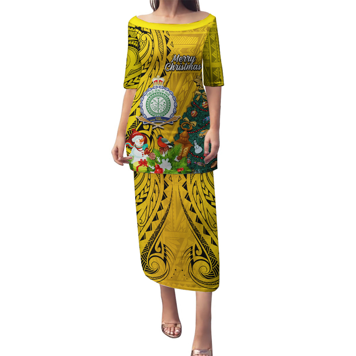 Niue Christmas Family Matching Puletasi Dress and Hawaiian Shirt Coat of Arms and Polynesian Tattoo Xmas Element Christmas Yellow Vibe LT03 Mom's Dress Yellow - Polynesian Pride