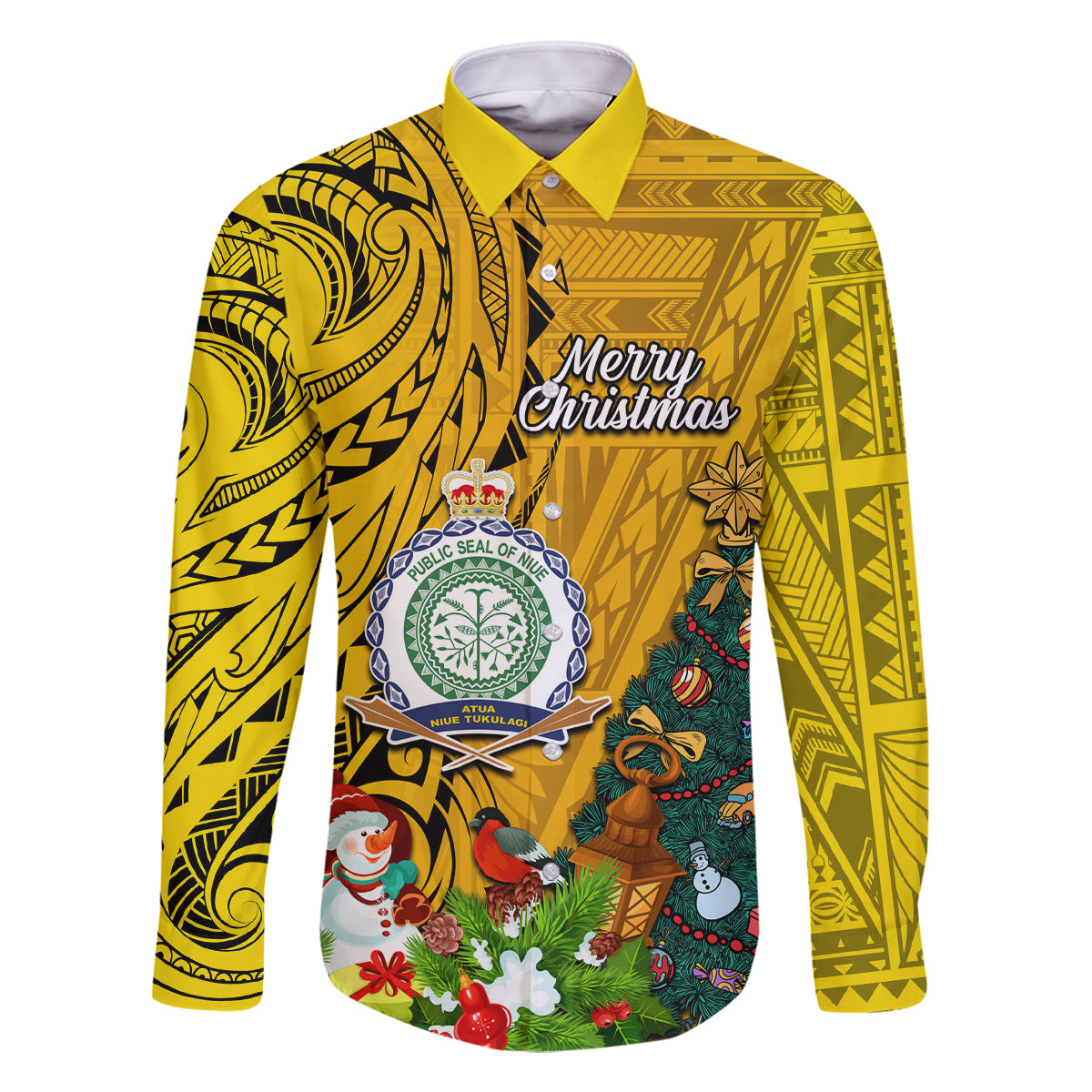 Niue Christmas Family Matching Summer Maxi Dress and Hawaiian Shirt Coat of Arms and Polynesian Tattoo Xmas Element Christmas Yellow Vibe LT03 Dad's Shirt - Long Sleeve Yellow - Polynesian Pride