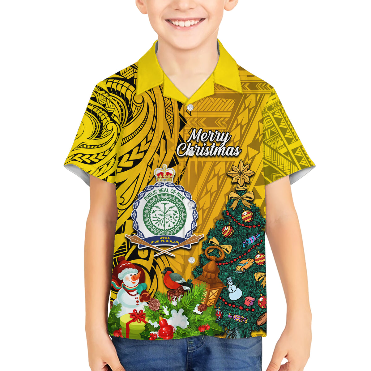 Niue Christmas Kid Hawaiian Shirt Coat of Arms and Polynesian Tattoo Xmas Element Christmas Yellow Vibe LT03 Kid Yellow - Polynesian Pride