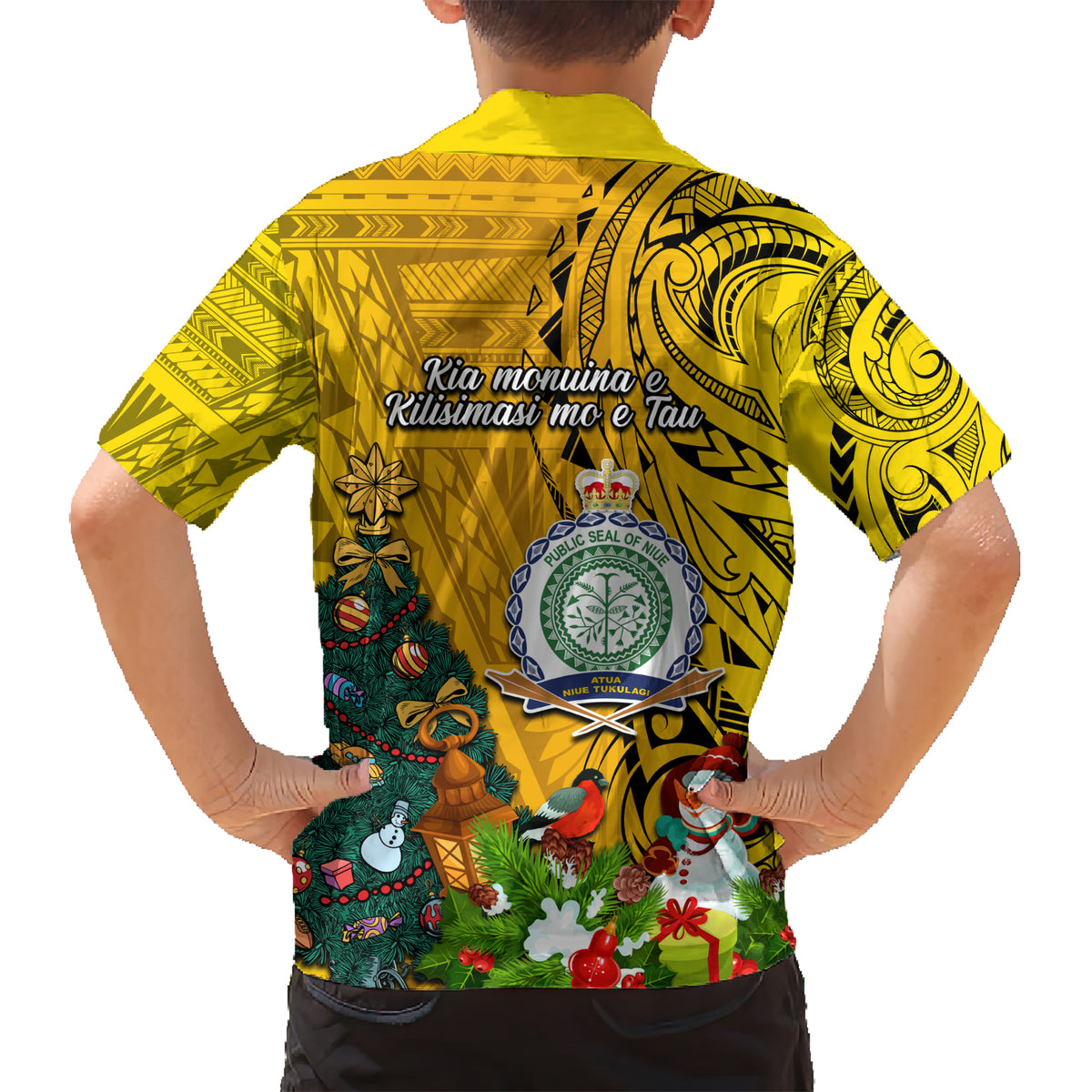 Niue Christmas Kid Hawaiian Shirt Coat of Arms and Polynesian Tattoo Xmas Element Christmas Yellow Vibe LT03 - Polynesian Pride