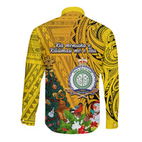 Niue Christmas Long Sleeve Button Shirt Coat of Arms and Polynesian Tattoo Xmas Element Christmas Yellow Vibe LT03 - Polynesian Pride