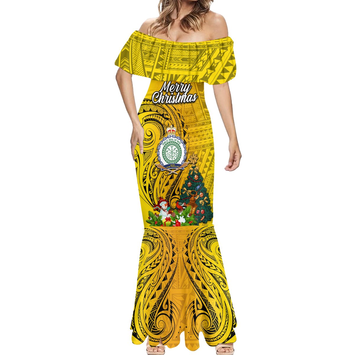 Niue Christmas Mermaid Dress Coat of Arms and Polynesian Tattoo Xmas Element Christmas Yellow Vibe LT03 - Polynesian Pride