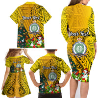 Personalised Niue Christmas Family Matching Long Sleeve Bodycon Dress and Hawaiian Shirt Coat of Arms and Polynesian Tattoo Xmas Element Christmas Yellow Vibe LT03 - Polynesian Pride