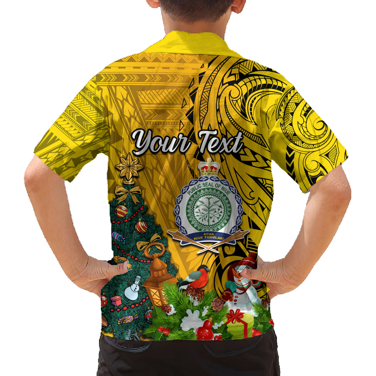 Personalised Niue Christmas Family Matching Off Shoulder Maxi Dress and Hawaiian Shirt Coat of Arms and Polynesian Tattoo Xmas Element Christmas Yellow Vibe LT03 - Polynesian Pride
