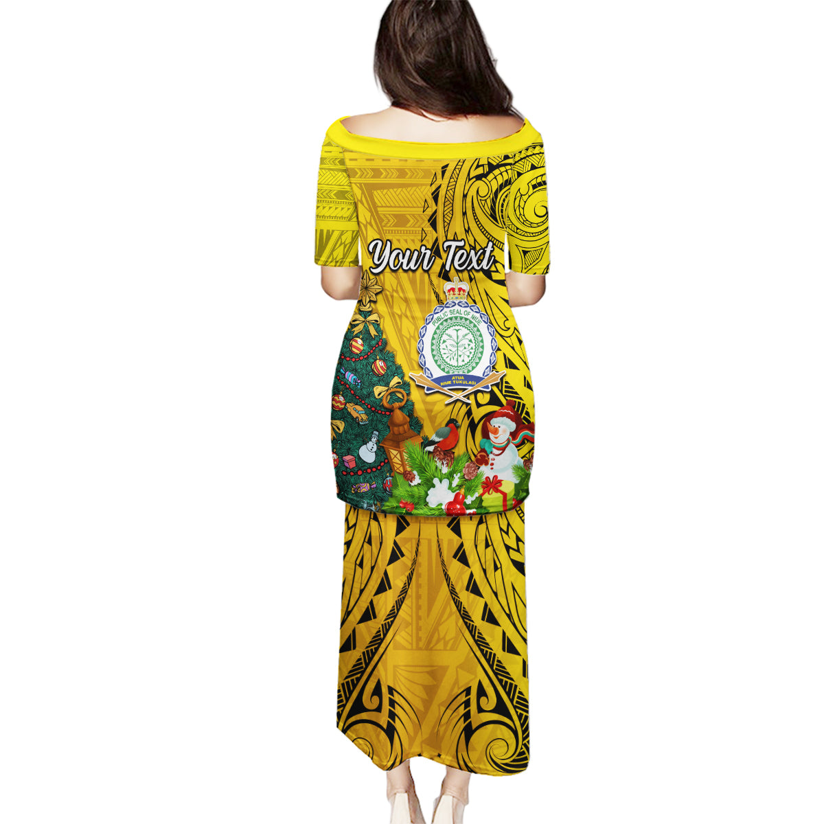 Personalised Niue Christmas Family Matching Puletasi Dress and Hawaiian Shirt Coat of Arms and Polynesian Tattoo Xmas Element Christmas Yellow Vibe LT03 - Polynesian Pride