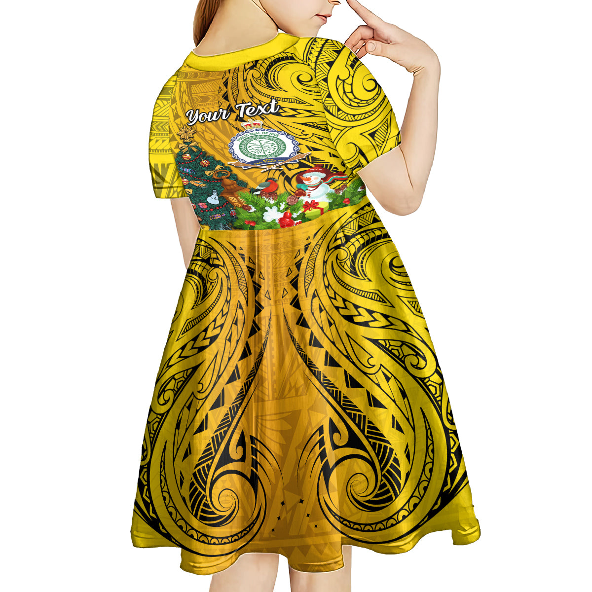 Personalised Niue Christmas Kid Short Sleeve Dress Coat of Arms and Polynesian Tattoo Xmas Element Christmas Yellow Vibe LT03 - Polynesian Pride
