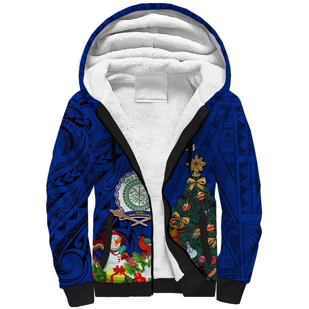 Niue Christmas Sherpa Hoodie Coat of Arms and Polynesian Tattoo Xmas Element Christmas Blue Vibe LT03 Unisex Blue - Polynesian Pride