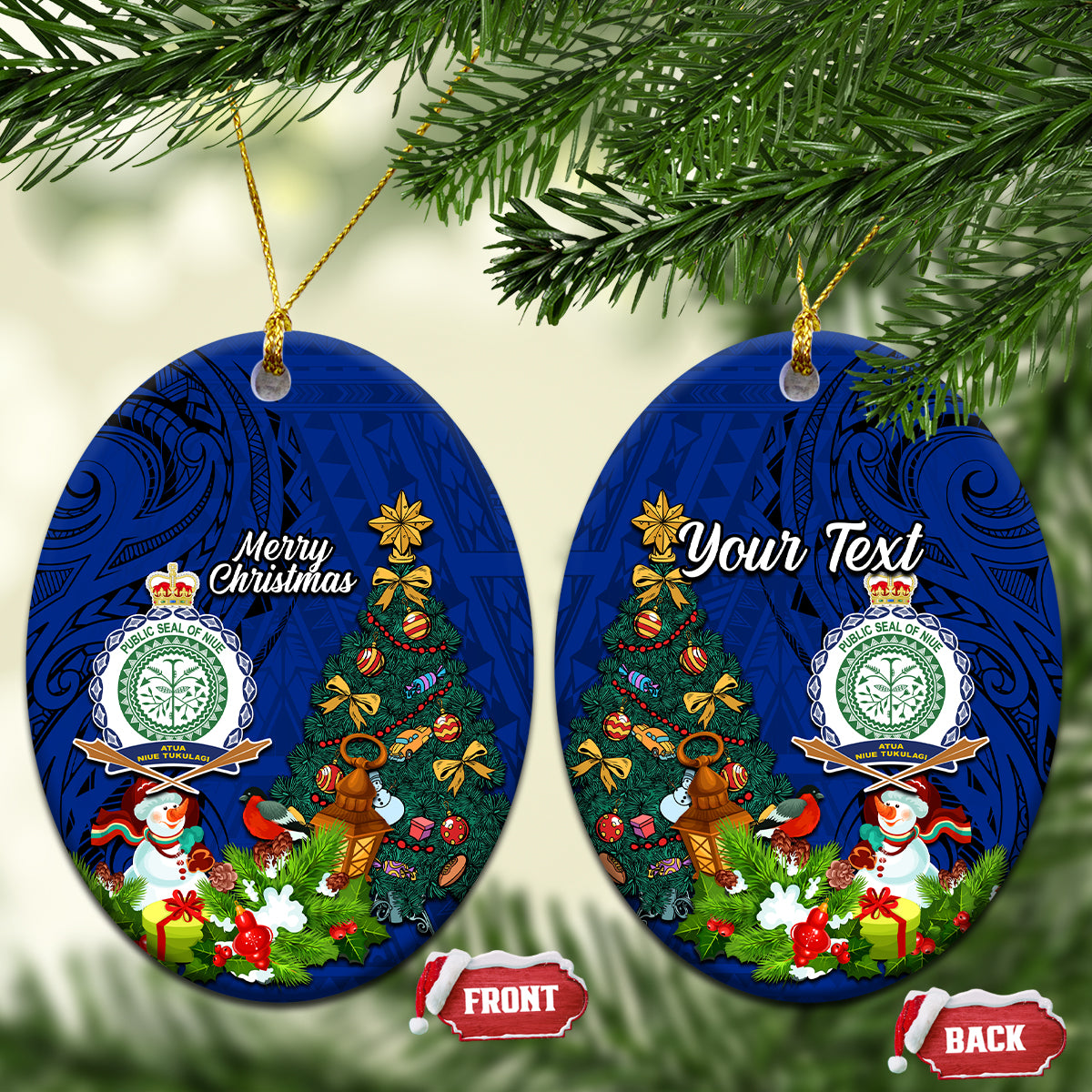 Personalised Niue Christmas Ceramic Ornament Coat of Arms and Polynesian Tattoo Xmas Element Christmas Blue Vibe LT03 Oval Blue - Polynesian Pride