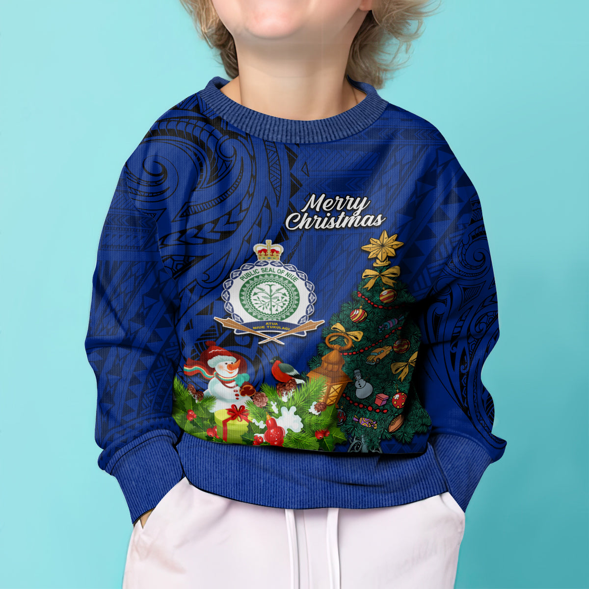 Personalised Niue Christmas Kid Ugly Christmas Sweater Coat of Arms and Polynesian Tattoo Xmas Element Christmas Blue Vibe LT03 - Polynesian Pride