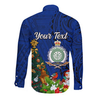 Personalised Niue Christmas Long Sleeve Button Shirt Coat of Arms and Polynesian Tattoo Xmas Element Christmas Blue Vibe LT03 - Polynesian Pride